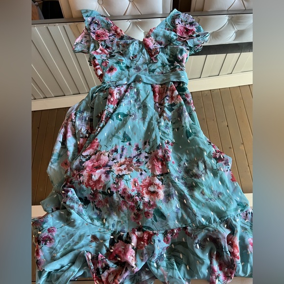 Eliza J Floral Ruffle Trim Calf Midi Dress 2 Mint - Picture 9 of 12